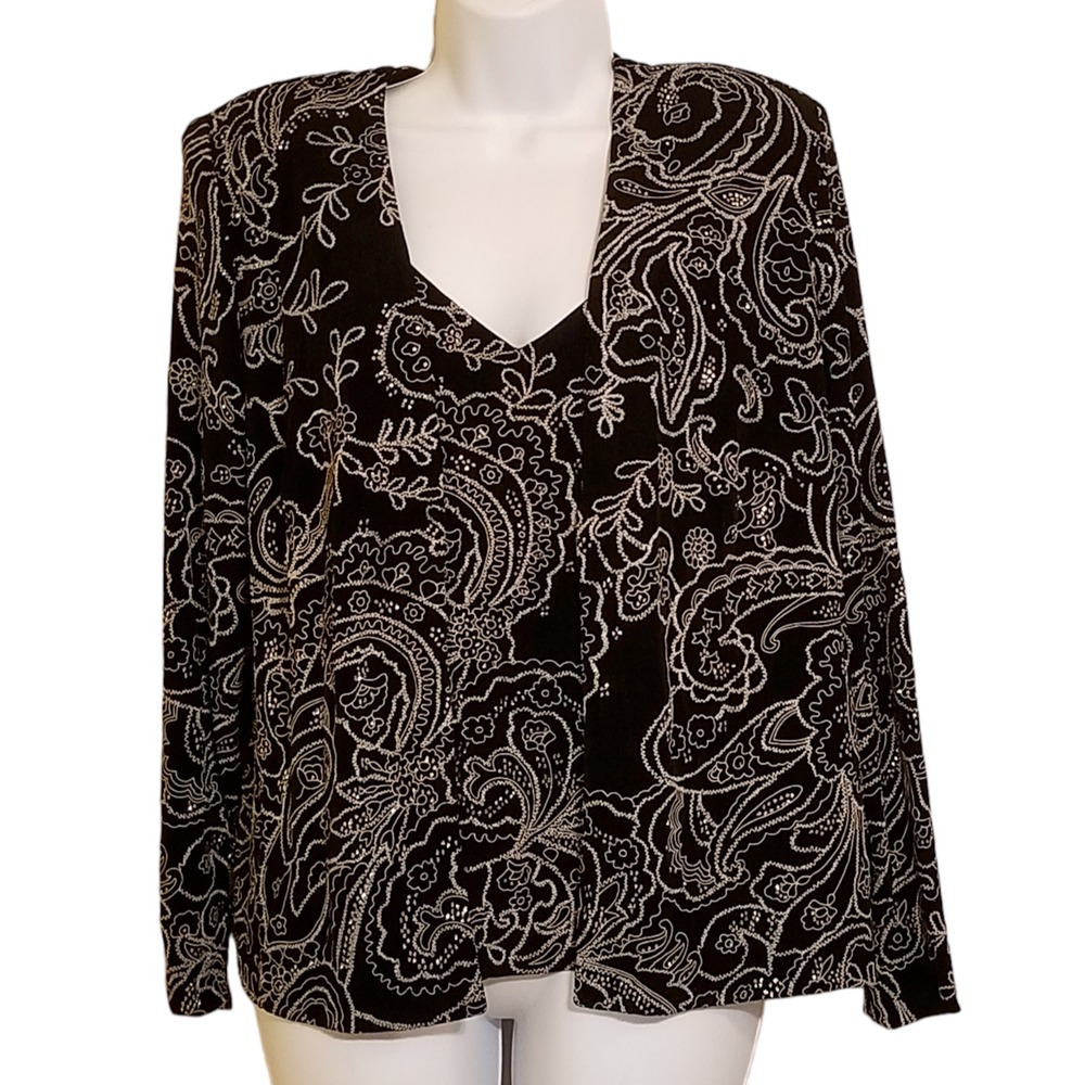 XSCAPE Woman by Joanna Chen L Two Piece Womens Set Blouse Jacket Black Metallic